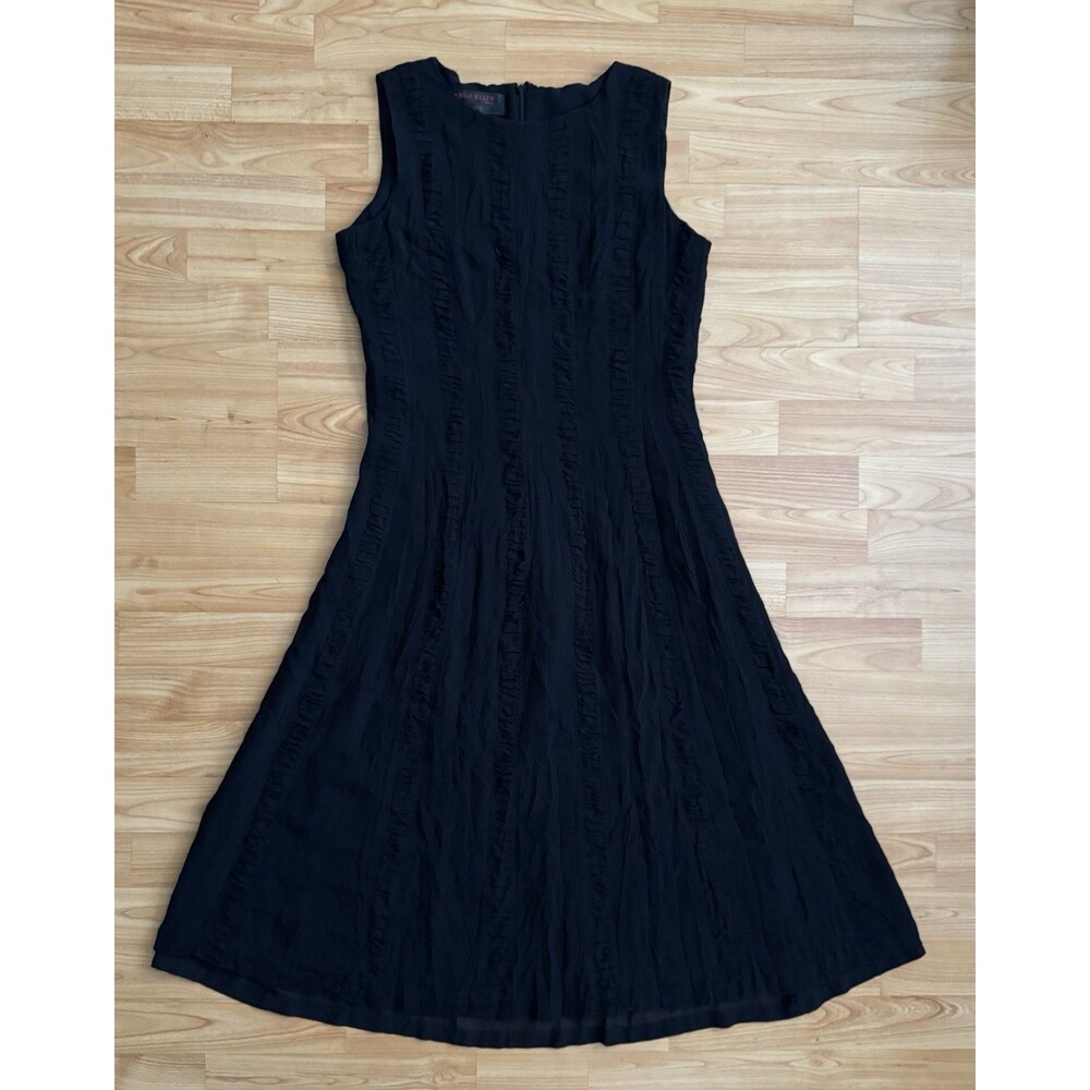 Anne Klein Black Silk Chiffon Maxi Dress Crinkle Vertical Stripes Petite 10P VTG